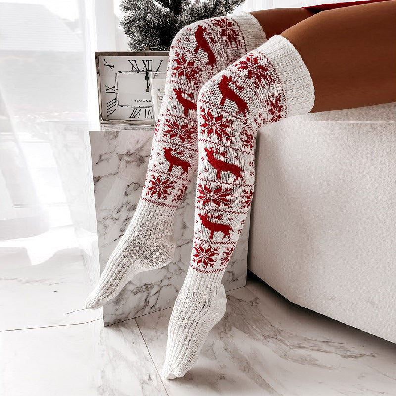 Chaussettes longues en maille jacquard de Noël avec rennes et flocons de neige