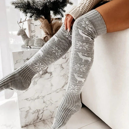 Chaussettes longues en maille jacquard de Noël avec rennes et flocons de neige