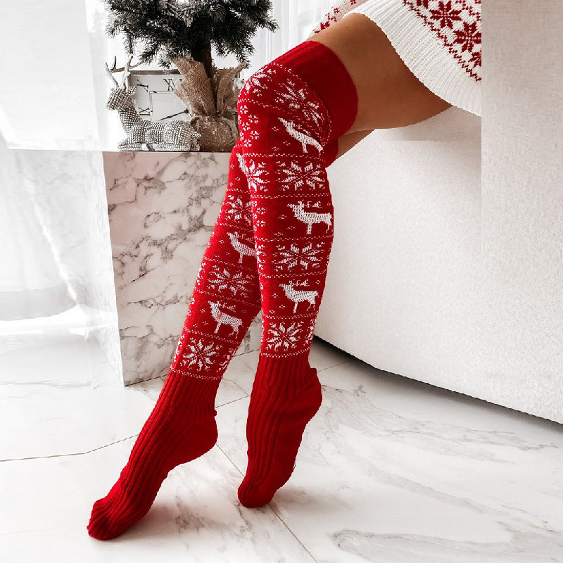 Chaussettes longues en maille jacquard de Noël avec rennes et flocons de neige